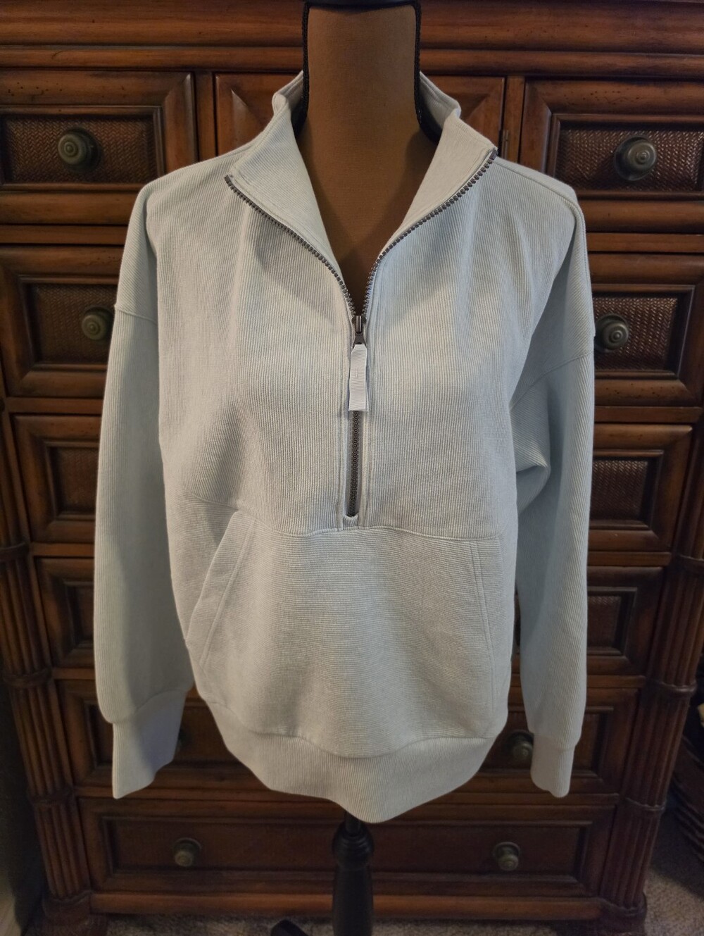 Ribbed Ottoman Knit Quarter Zip Pullover Powder Light Blue L Gorpcore Athleisure